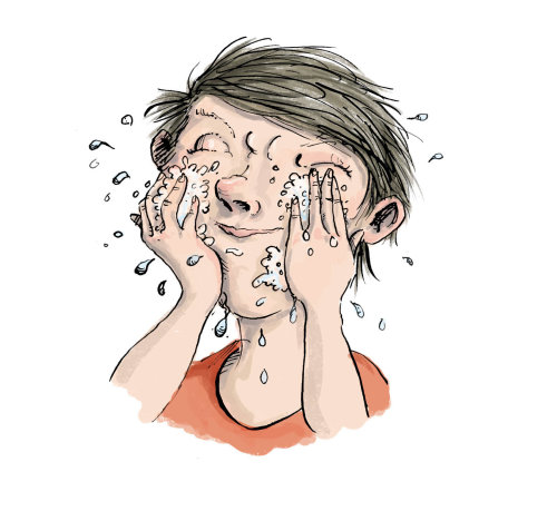 Comic illustration of boy washing his face 