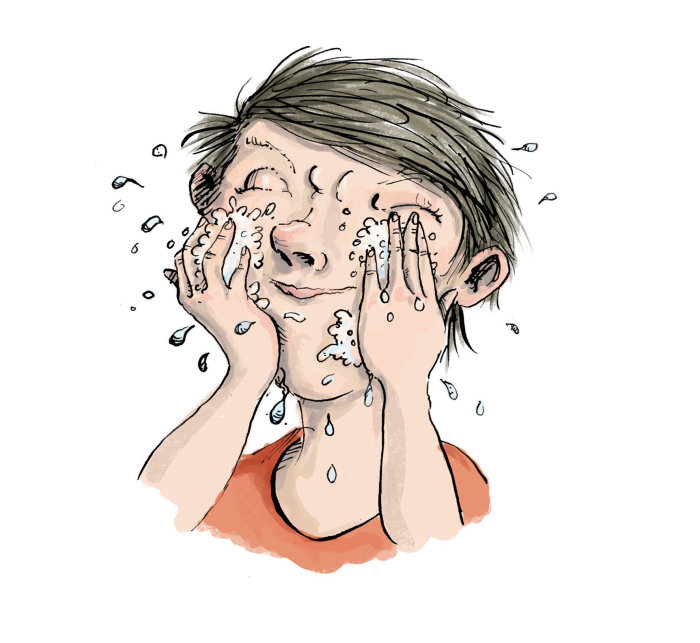 Ilustración cómica de niño lavándose la cara