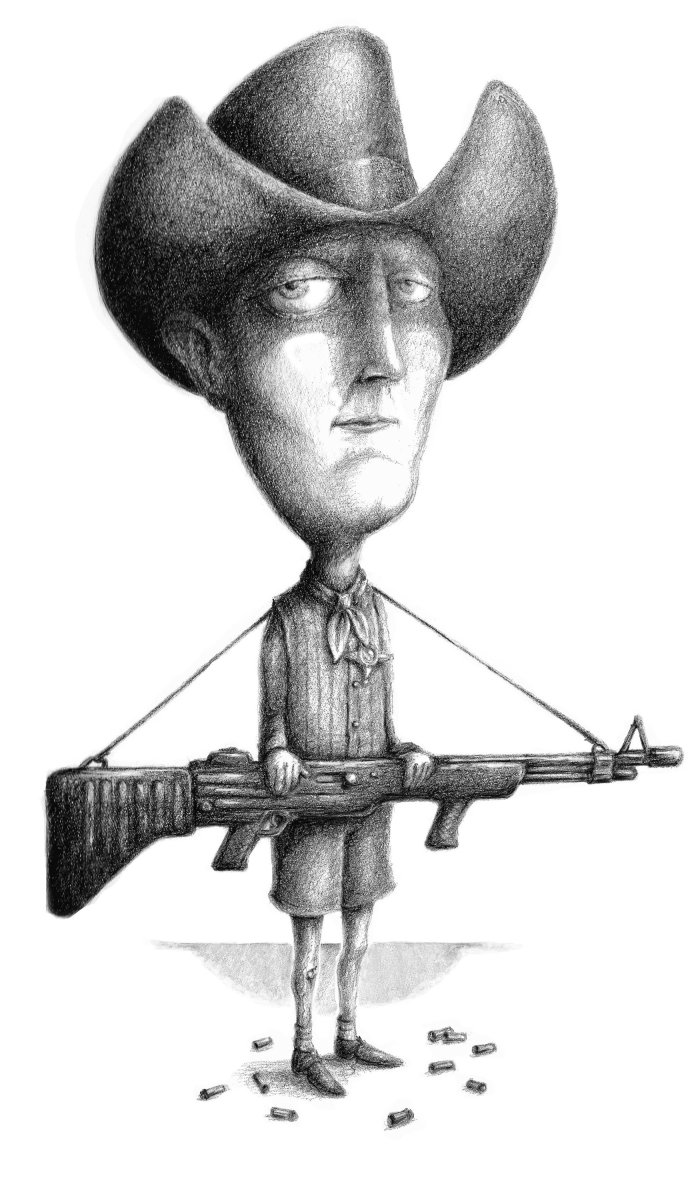 Fanstasy cowboy carrying a large automatic weapon.
