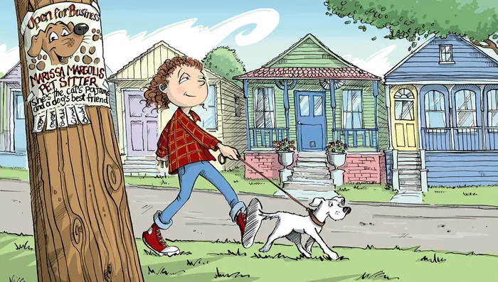 Cartoon & Humour Young girl walks her dog
