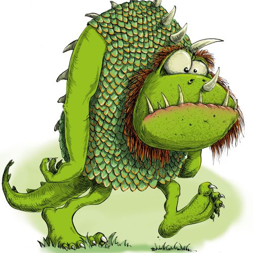 Illustration of a large green miserable monster by Sholto Walker