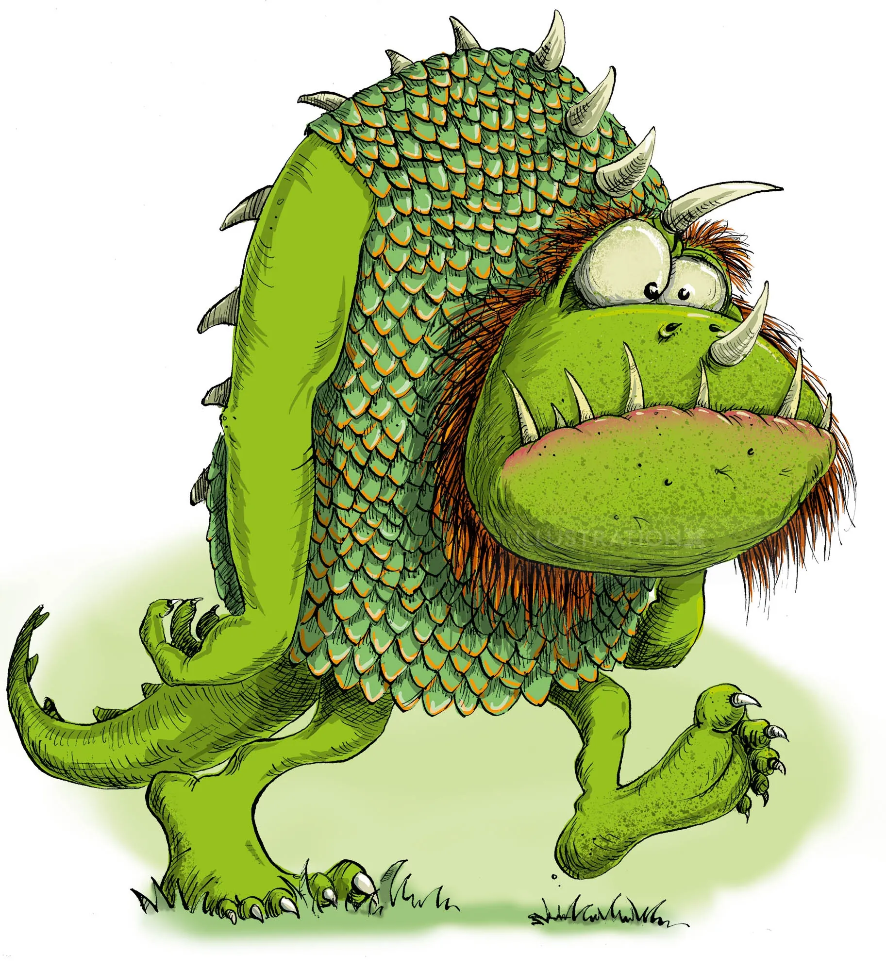 Illustration of a large green miserable monster by Sholto Walker