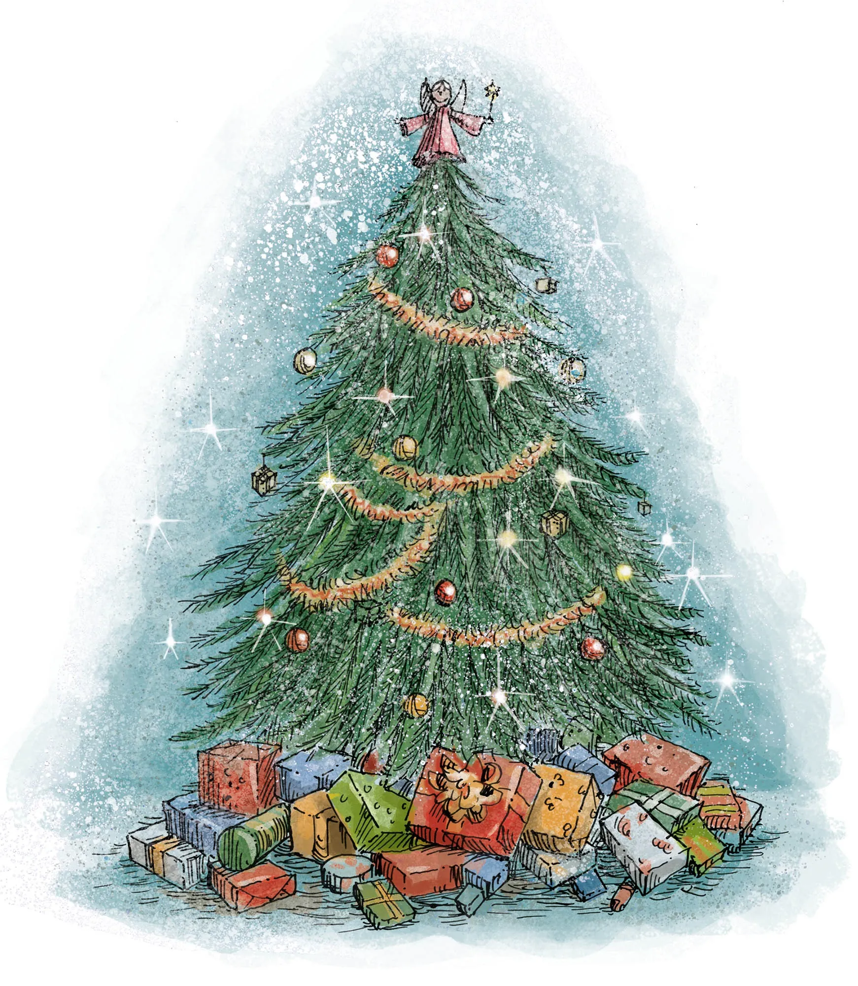 Traditional Christmas tree with lights, ornaments, and presents by Sholto Walker