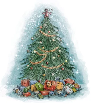 Traditional Christmas tree with lights, ornaments, and presents by Sholto Walker