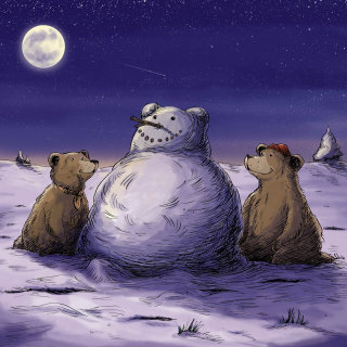 動物のクマの子が雪だるまの前でひざまずく