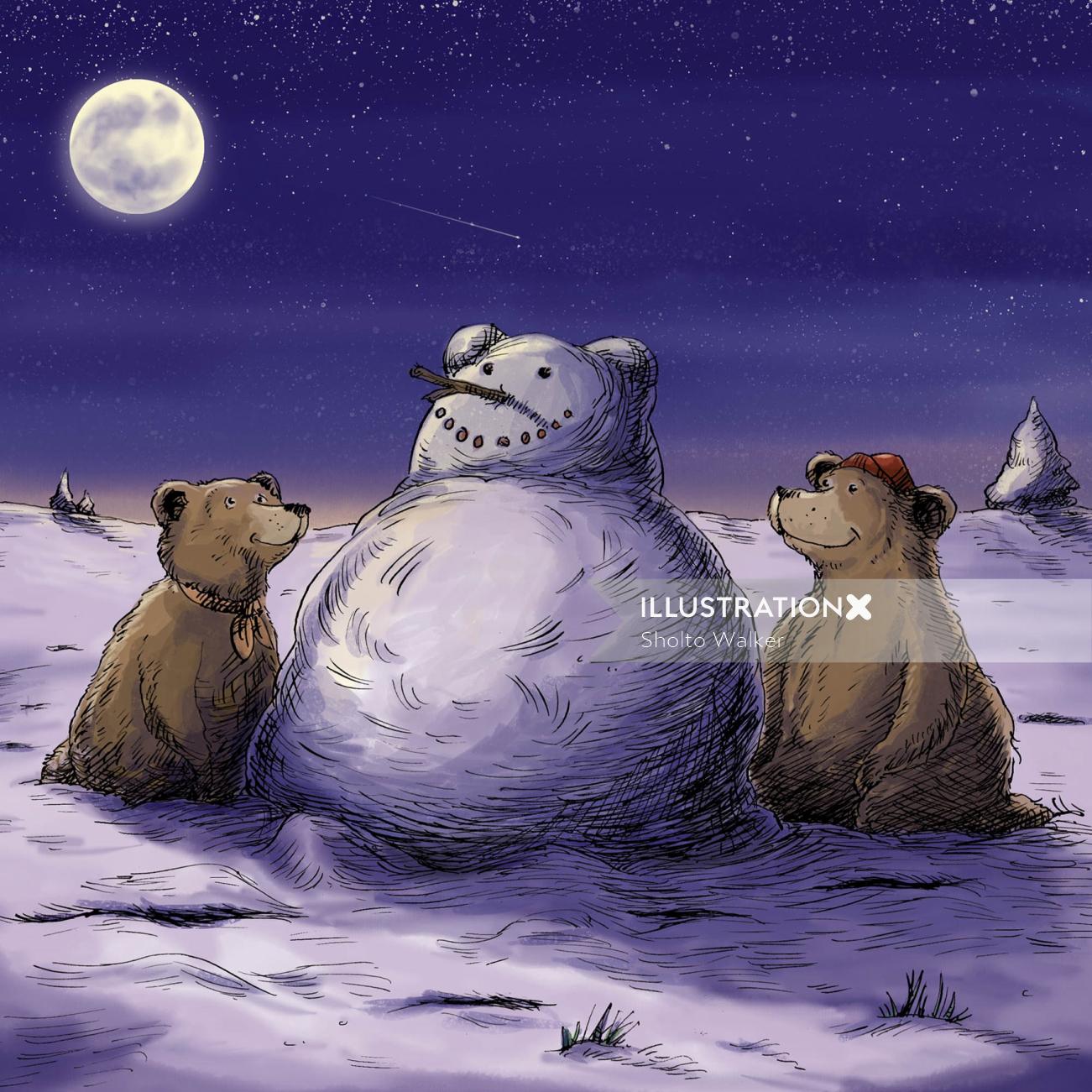 Animal Bear Cubs ajoelhando-se na frente do boneco de neve