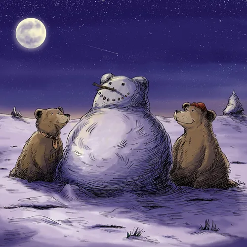 Bärenjunge knien vor einem Schneemann