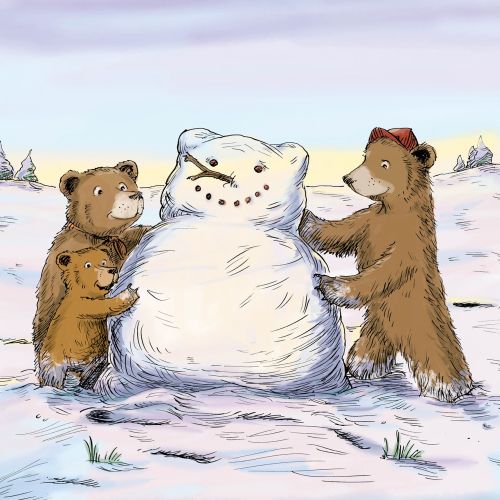 Animal Bear cubs build a snowman