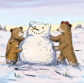Animaux Les oursons construisent un bonhomme de neige