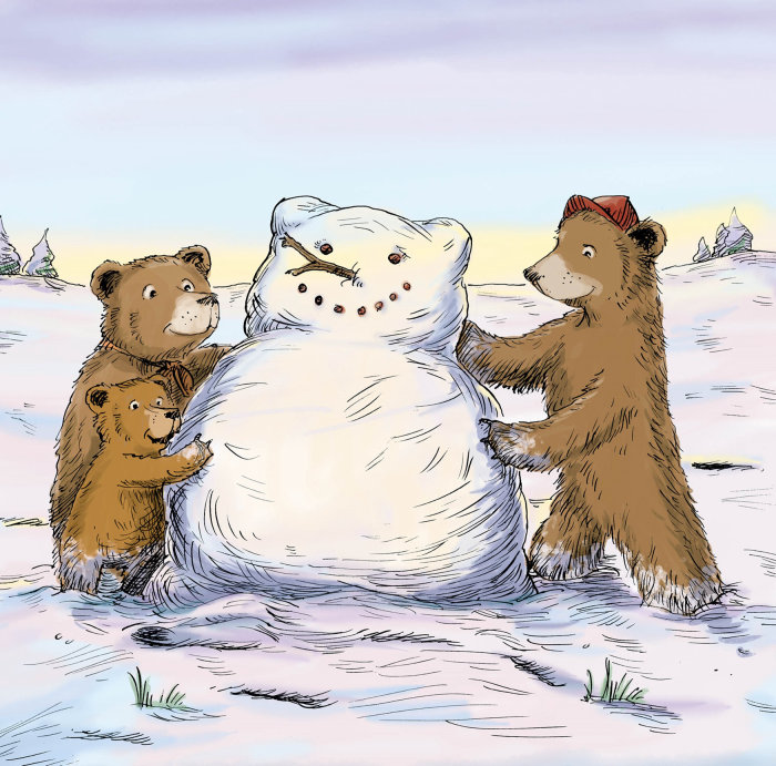 Des oursons construisent un bonhomme de neige