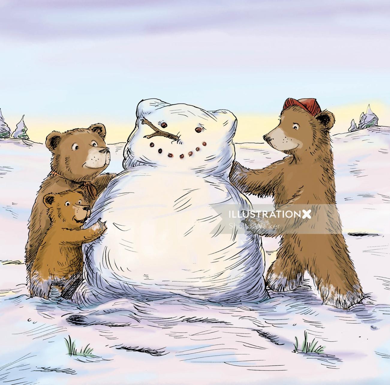 Des oursons construisent un bonhomme de neige