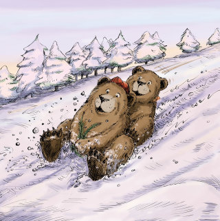 雪に覆われた丘の中腹で滑るクマの子 
