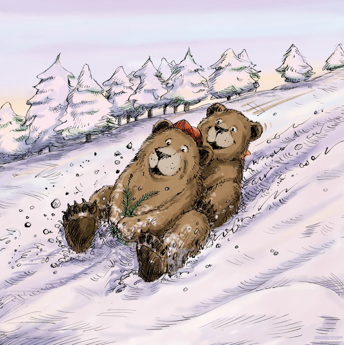 Bear cubs sliding in snowy hillside 