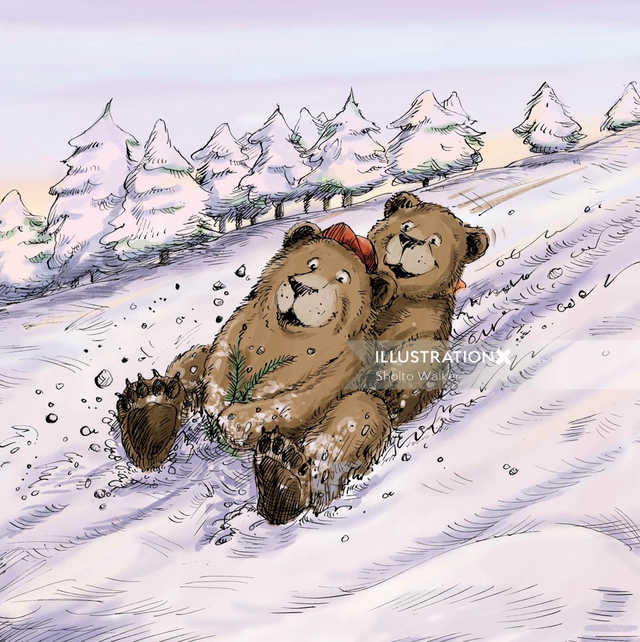 Bear cubs sliding in snowy hillside 
