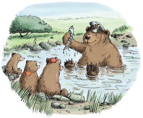 动物熊向小熊展示钓鱼