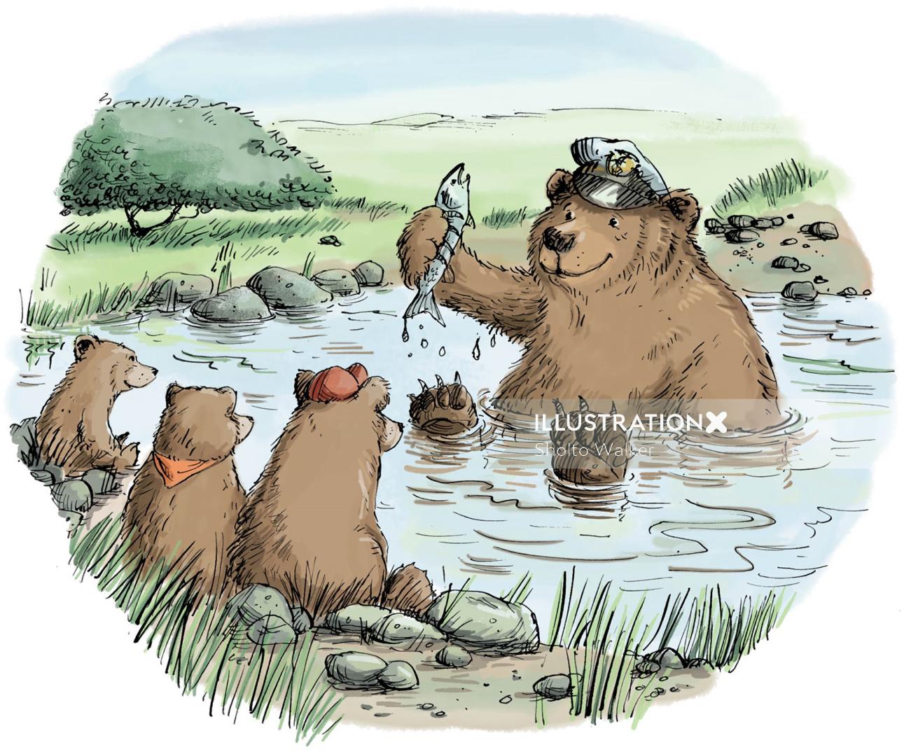 Animal Bear shows fishing to the bear cubs