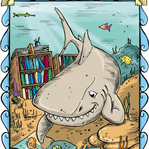 Cartoon Shark reading picture book