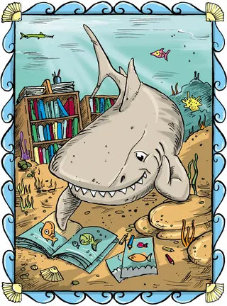 Cartoon Shark reading picture book