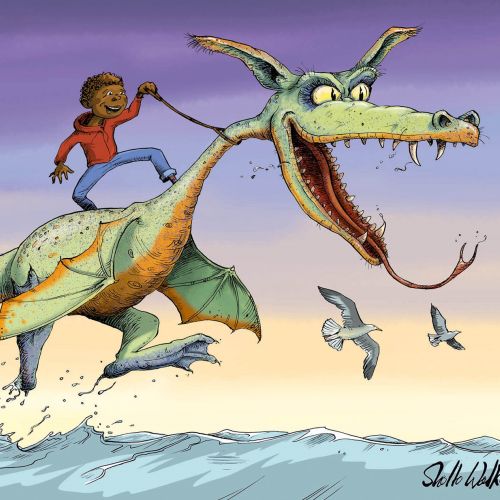Humour art of African boy riding the Water Dragon