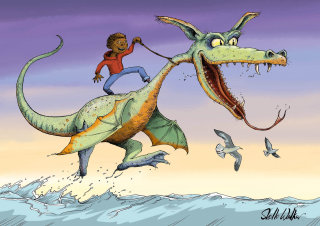 Arte humorístico de un niño africano montando un dragón de agua.