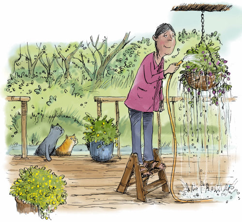 Elderly woman waters her plants