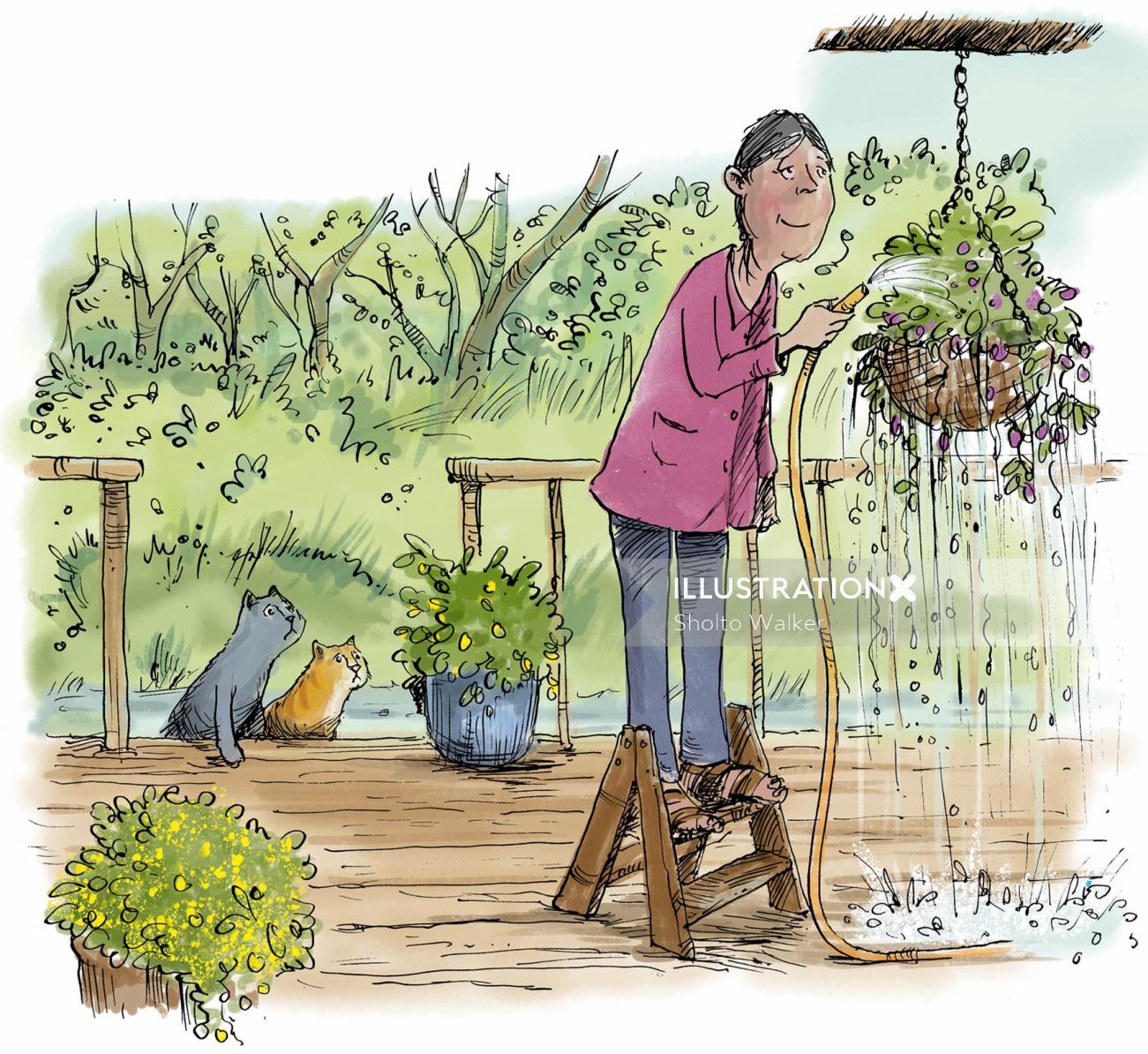 Elderly woman waters her plants