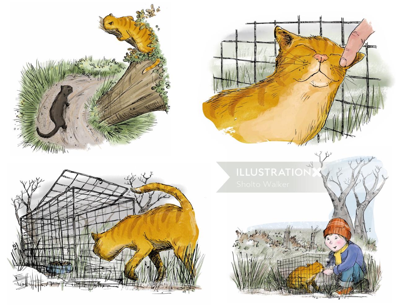 Quadro de histórias sobre gato perdido em uma gaiola