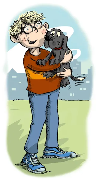 Happy boy holding a black puppy by Sholto Walker