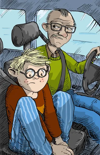 Boy with glasses and grandpa driving a car, illustration by Sholto Walker