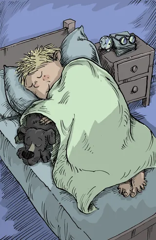 Boy sleeping with dog under blanket by bedside clock by Sholto Walker
