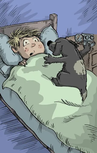 Illustration of a boy surprised by a dog sitting on his bed by Sholto Walker