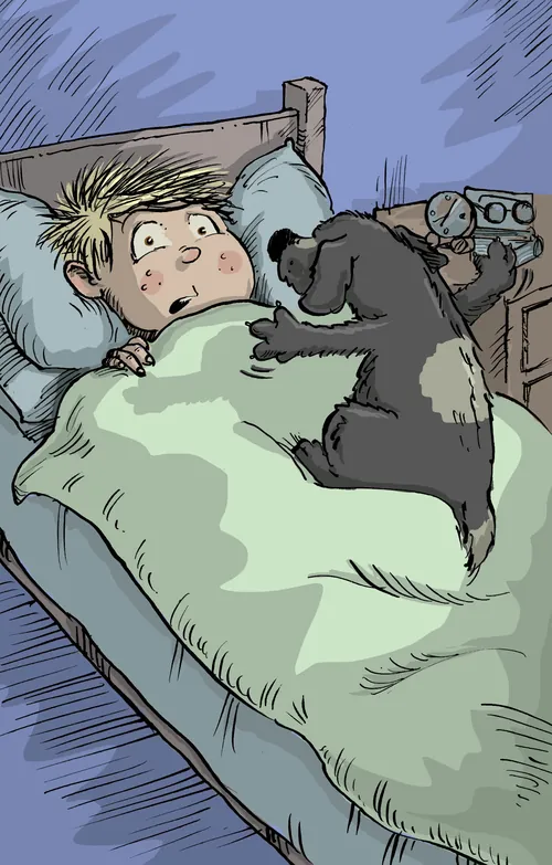 Illustration eines Jungen, der von einem Hund überrascht wird, der auf seinem Bett sitzt (von Sholto Walker).