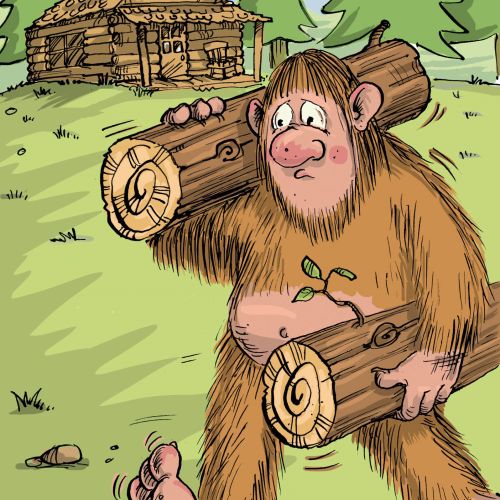 Sad Bigfoot carrying logs in forest near cabin, illustration by Sholto Walker