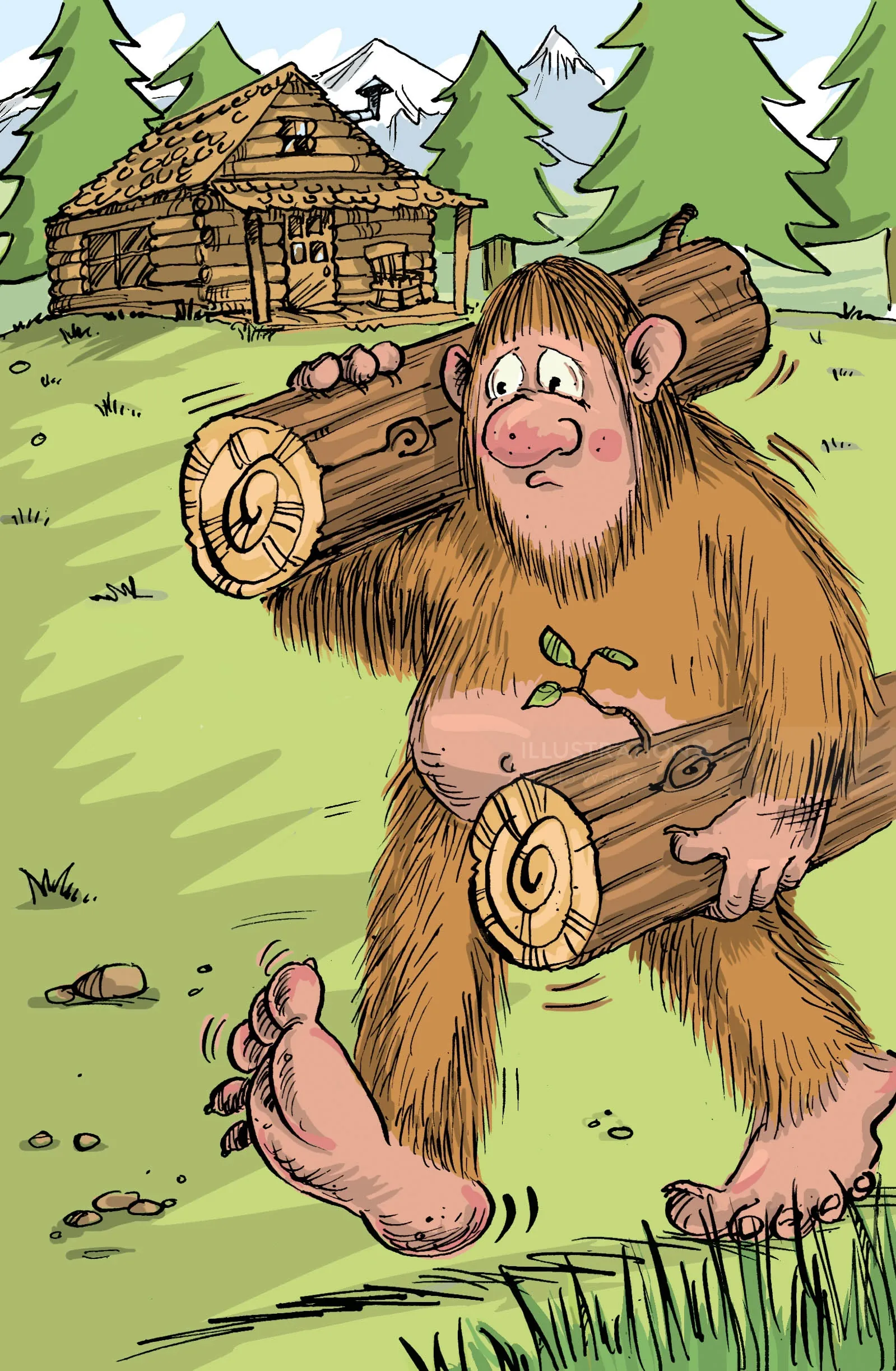 Trauriger Bigfoot trägt Baumstämme im Wald nahe einer Hütte, Illustration von Sholto Walker