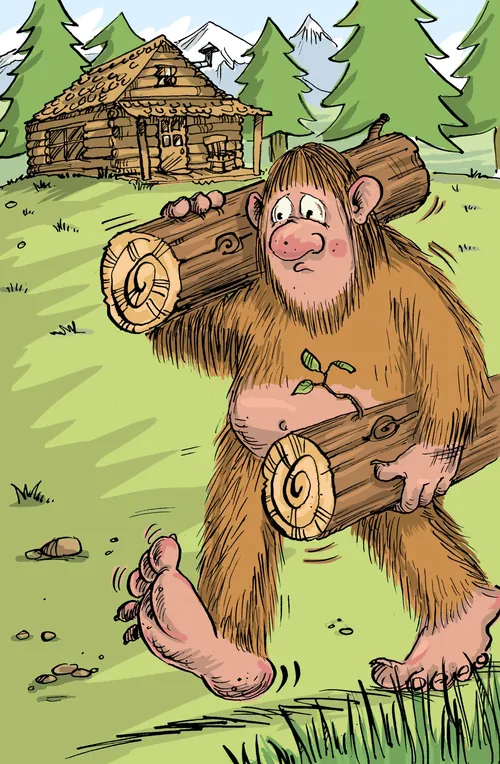 Trauriger Bigfoot trägt Baumstämme im Wald nahe einer Hütte, Illustration von Sholto Walker