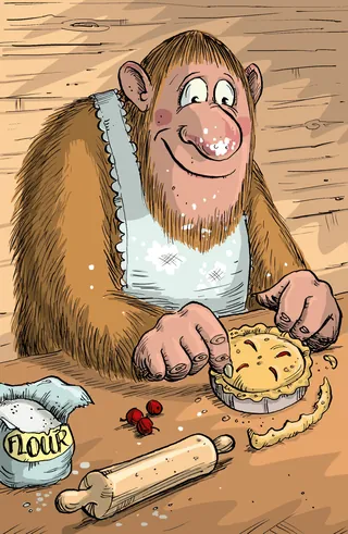 Bigfoot character baking a cherry pie in a wooden kitchen by Sholto Walker