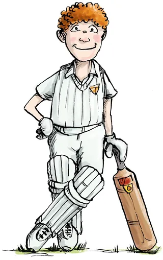 Illustration of teenager in cricket whites leaning on bat by Sholto Walker