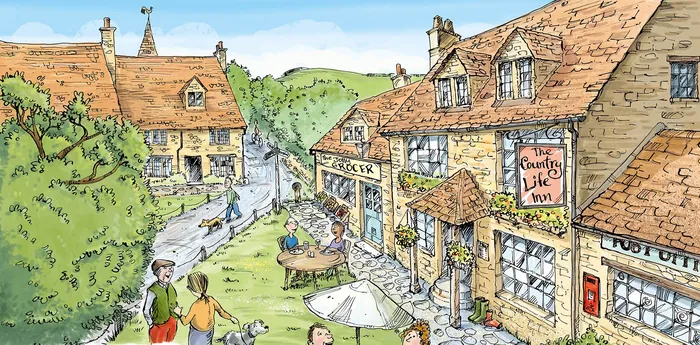 English country village scene outside a pub by Sholto Walker