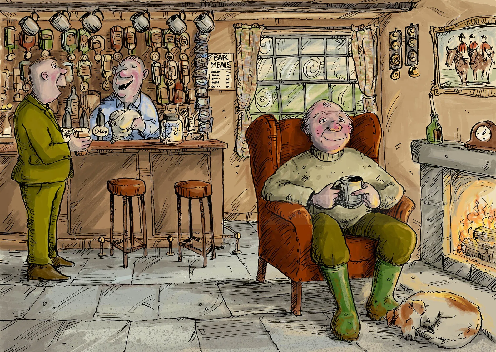 English pub interior with farmer by fire and dog, illustrated by Sholto Walker