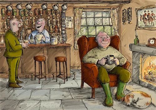 English pub interior with farmer by fire and dog, illustrated by Sholto Walker