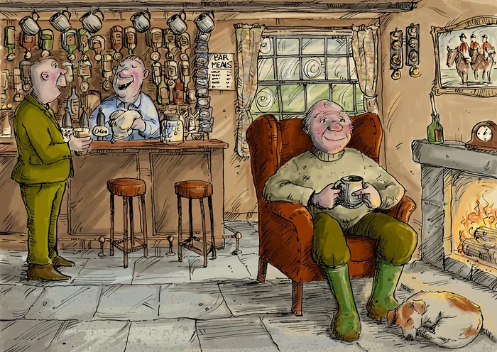 English pub interior with farmer by fire and dog, illustrated by Sholto Walker