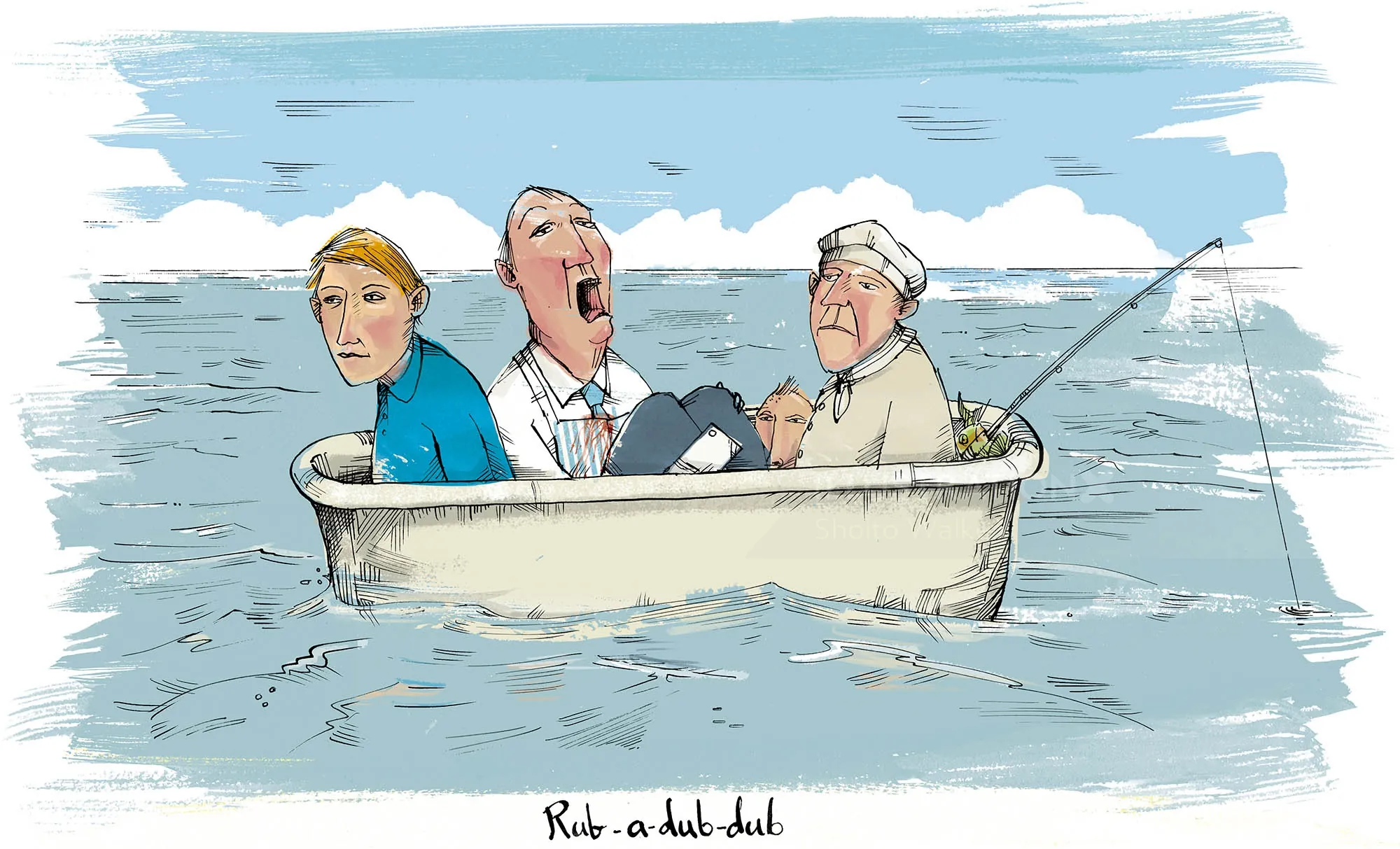 Three men in a bathtub floating on the sea by Sholto Walker