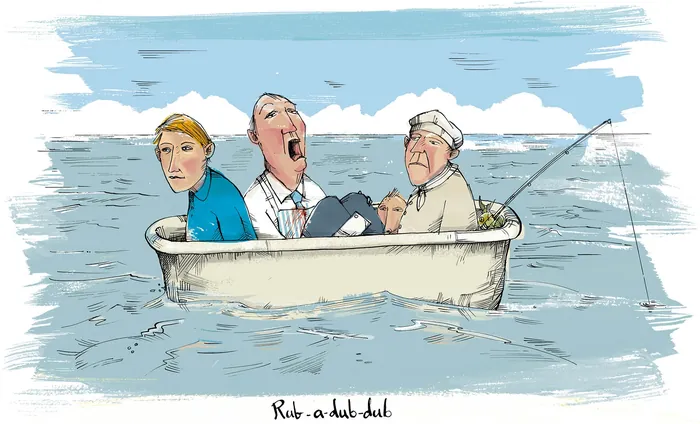 Three men in a bathtub floating on the sea by Sholto Walker