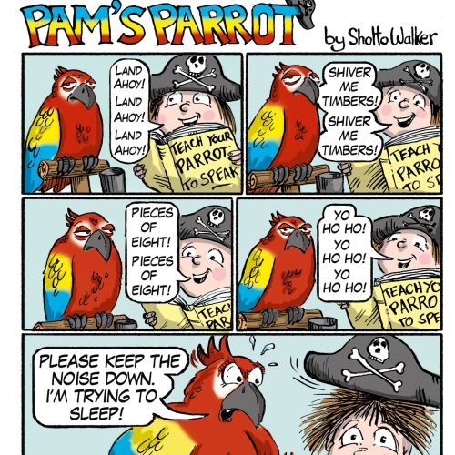 Comic strip showing a girl and her bad-tempered parrot by Sholto Walker