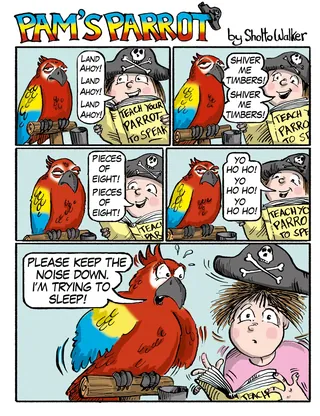 Comic strip showing a girl and her bad-tempered parrot by Sholto Walker