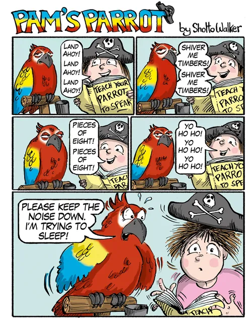 Comic strip showing a girl and her bad-tempered parrot by Sholto Walker