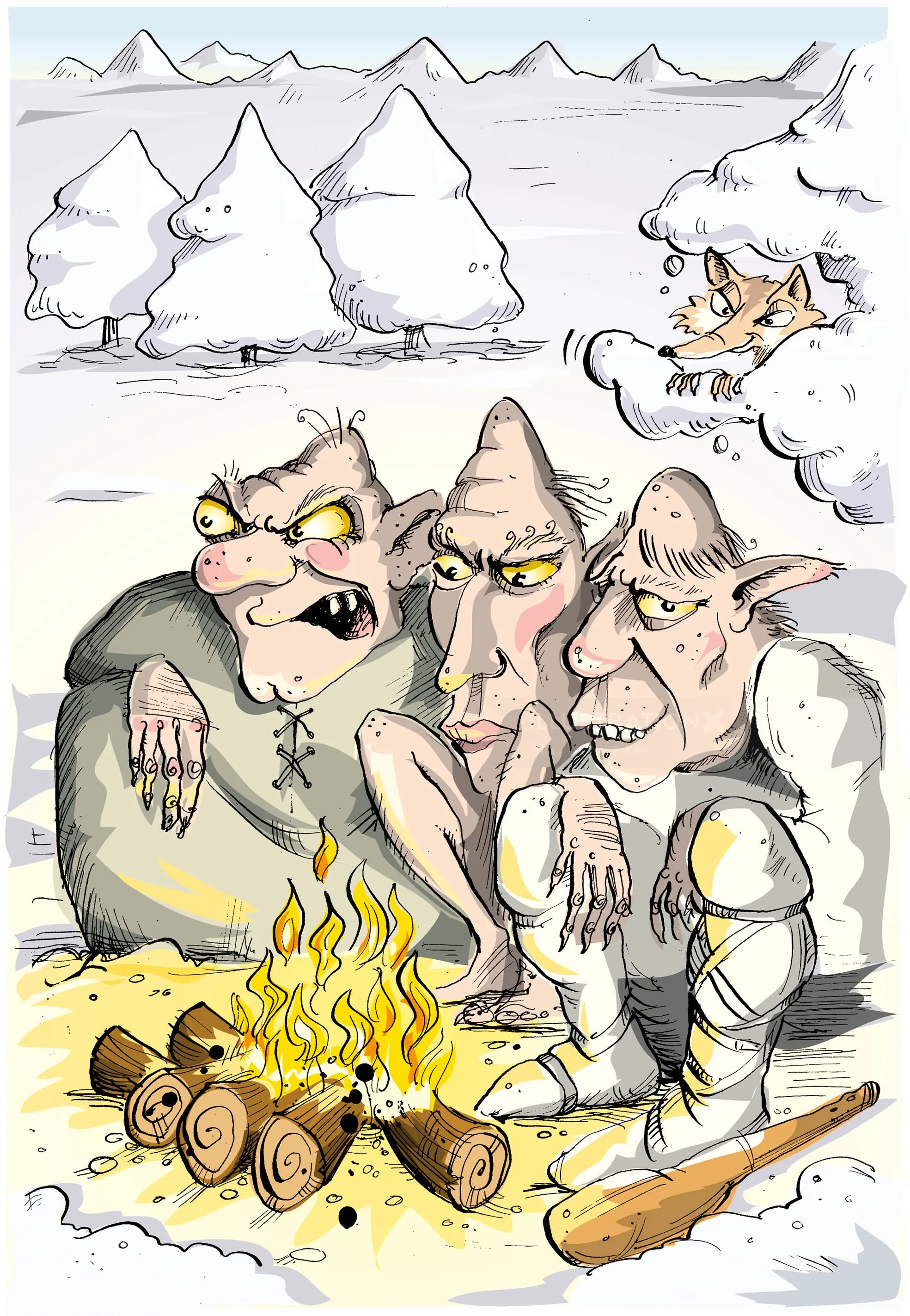Three trolls crouching around a campfire in snowy landscape by Sholto Walker