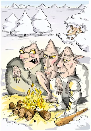 Three trolls crouching around a campfire in snowy landscape by Sholto Walker