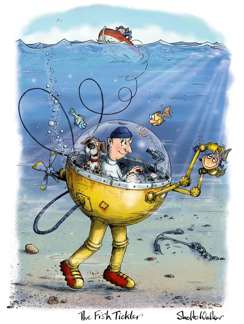 Mann in gelber Taucherglocke kitzelt Fische unter Wasser mit Roboterarmen (von Sholto Walker)