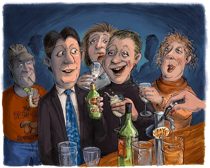 Bar scene with Mr. Staysharp and others drinking low alcohol beer by Sholto Walker